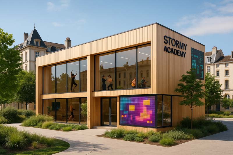 Un bâtiment moderne de deux étages portant le nom de "Stormy Academy Maxéville" avec de grandes fenêtres et des personnes visibles à l'intérieur ; entouré de verdure et de bâtiments historiques. Pour plus d'informations, contactez Stormy Academy Maxéville.