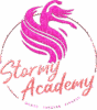 Logo de la Stormy Academy représentant une danseuse rose stylisée et pailletée au-dessus du nom de l'académie, avec les mots "Danse Théâtre Fitness" en dessous en texte rose.